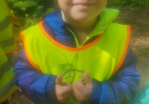Na zdjęciu widać chlopca w lesie w Łagiewnikach dzieci poznają kwiaty.