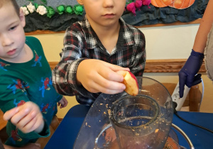 Na zdjęciu widać dzieci które wykonują soki owocowe.