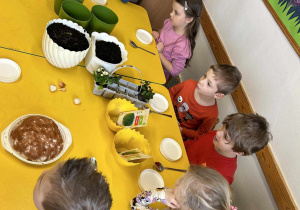 Dzieci siedzą przy żółtym stoliku i sadzą rośliny