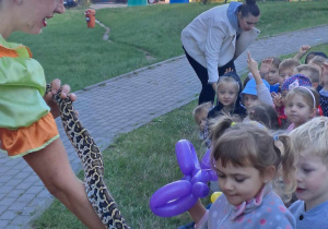 Na zdjęciu pokazana jest dziewczynka która dotyka węża oraz dzieci i Pani z cyrku.